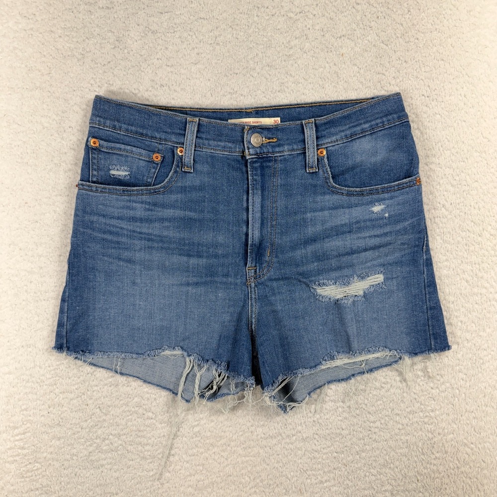 Levi's Women's High Rise 5-Pocket Stretch Denim Shorts Blue 30 W30.5 Distressed
